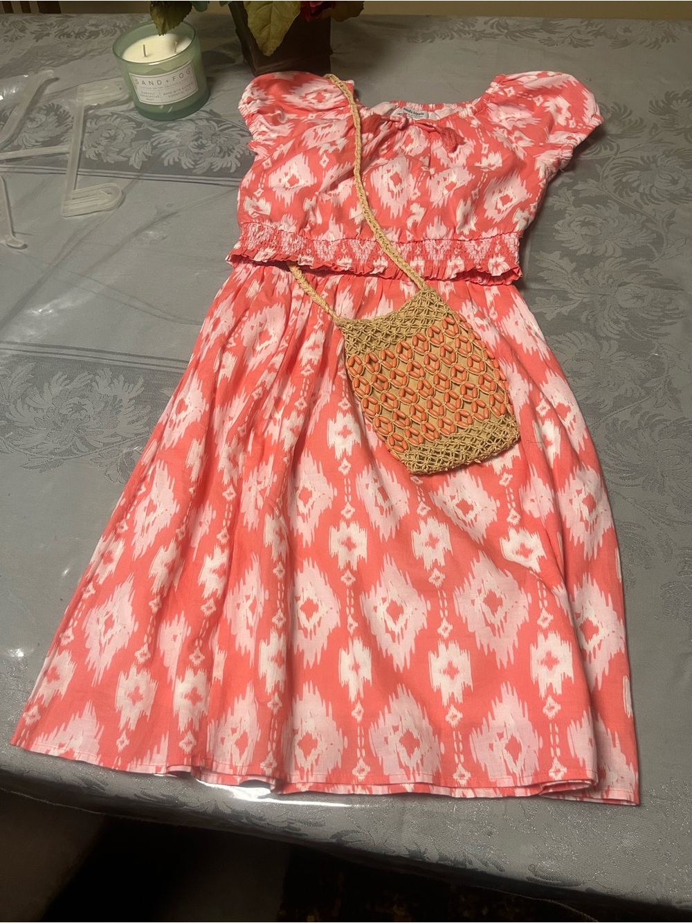 This beautiful Girls Coral Ikat Print Summer Dress with Smocked Waist(New)